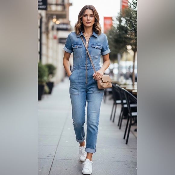 Good American denim jumpsuit, and it has a very clean, modern-utility vibe SZ 2 - Picture 3 of 16